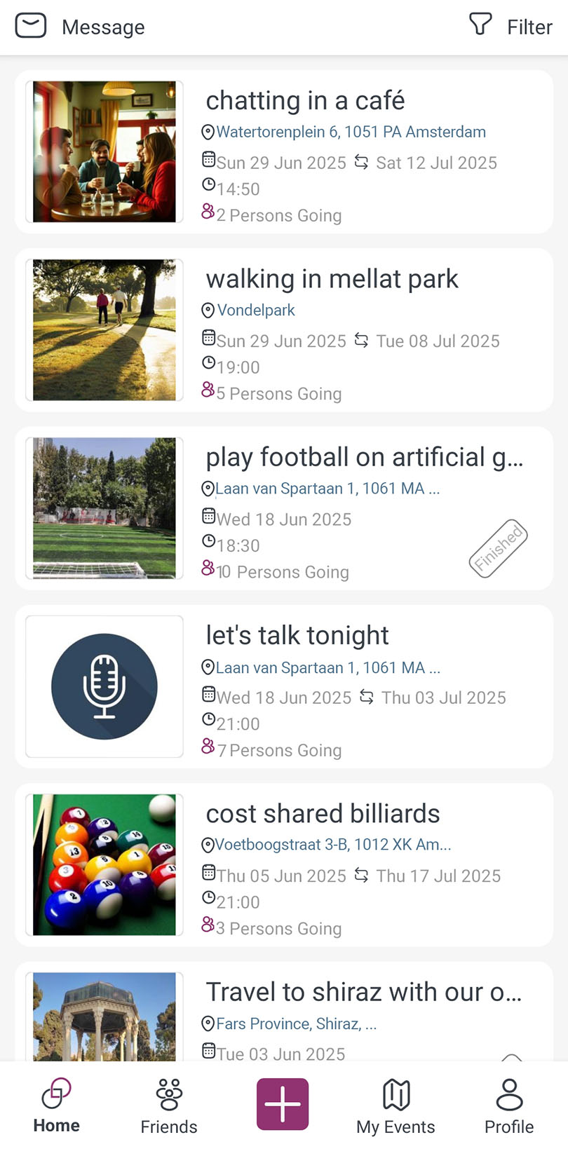 Gader app home screen showing nearby events